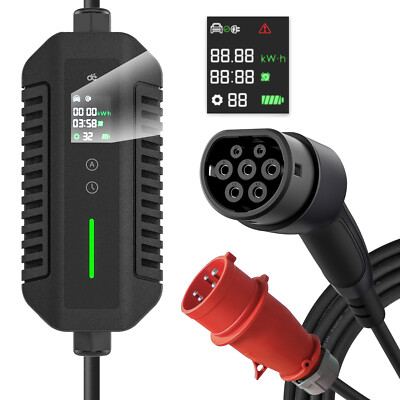 Mobile Wallbox EV 22kW Typ2 Ladekabel 7m 6-32A 3Phasig EV CEE 5polig m. LCD dé