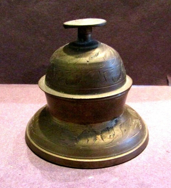 Vintage Ornate Brass Etched Floral Elephant Claw Temple Bell w/Stand