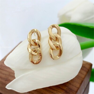 Pure 18K Yellow Gold Lucky Three Square Circle Stud Earrings Women