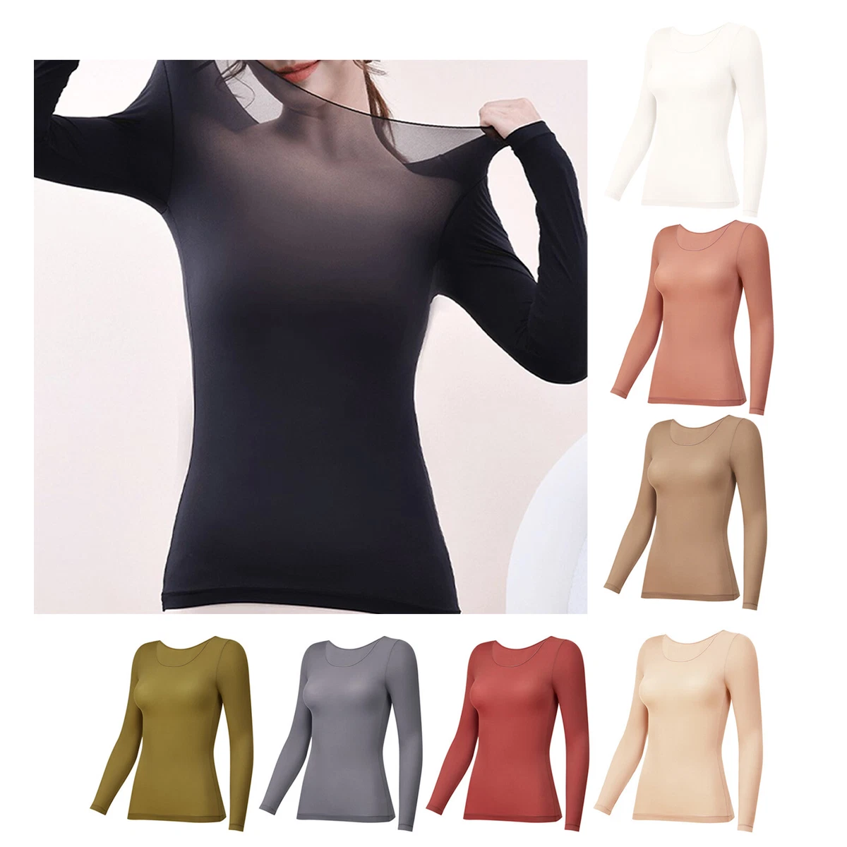 Womens T-Shirt See Through Undershirts Long Sleeve Tops Skin Care Shapewear