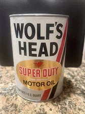 Vintage Wolf's  Head Super Duty Motor Oil Can (Full) One Quart SAE 10W-40. NOS