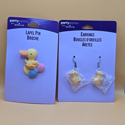 Set Hallmark Easter Spring Lapel Pin & Earrings Duck Eggs Bird On Card