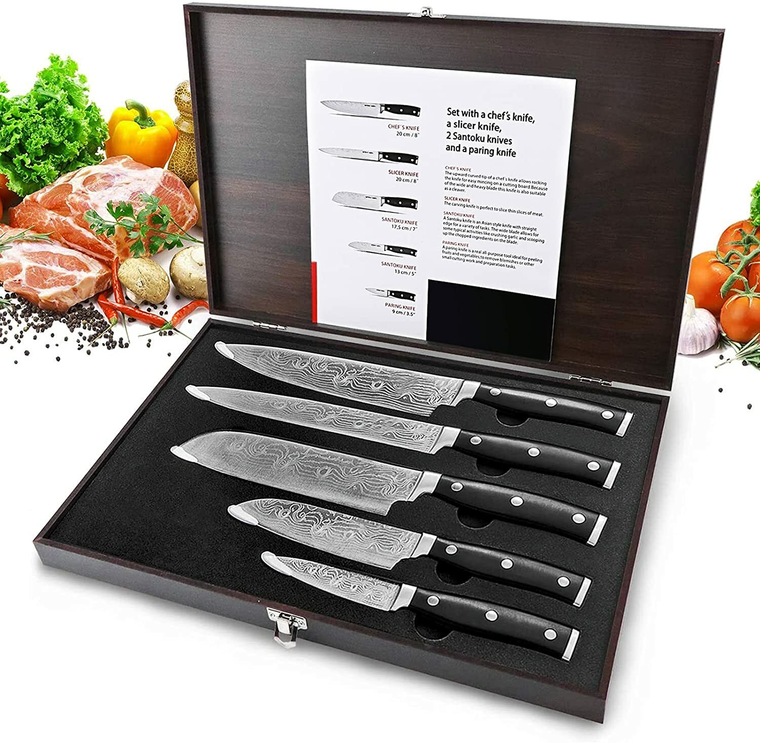 Knife Sets, ELEGANT LIFE Professional 5 Pieces Kitchen Knife Set with Wooden Box-image