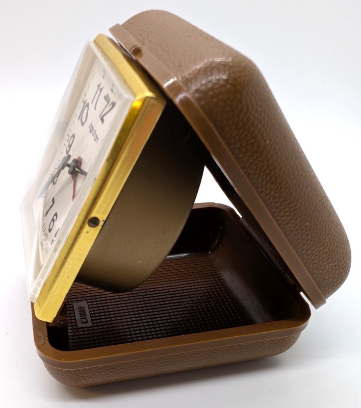 Vintage Mini Ingraham Wind Up Travel Alarm Clock In A Brown Case