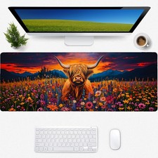 Flower Highland Cow Gaming Mouse Pad, Desk Mat, Non-Slip Rubber Base Cool Aes...