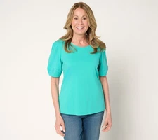 Denim & Co. Women's Top Sz S 100% Cotton Embroidered Puff Sleeve Green A692004