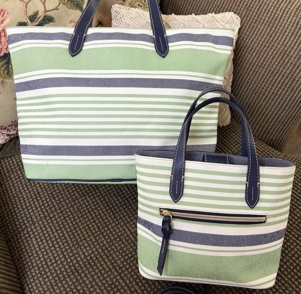 Conjunto de paquete Dooney Bourke Westerly verde azul rayas bolso de mano grande y cartera Foto 2 de 4