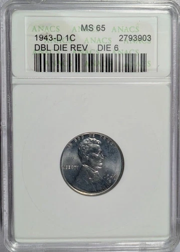 1943 D-STEEL Lincoln, Wheat Ears Reverse ANACS MS-65 DDR DIE-6