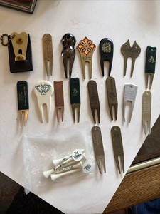 Lot of 17 divot repair tool preowned, 5 Torrey pine golf tees new