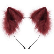 Handmade Faux Fur Cat Fox Ears Headband Winered Furry Cosplay Costume Accessory