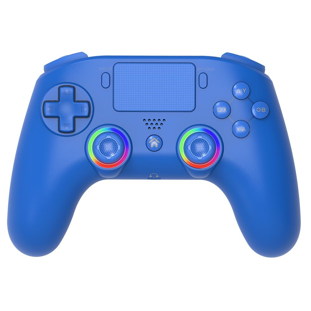 Manette pour PS4 Bluetooth bleue dotée d'une barre LED lumineuse et moteurs de vibration