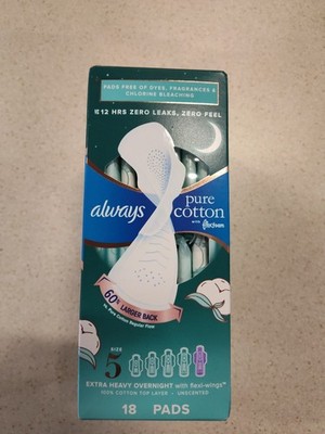 Always Pure Cotton (Size 5) Pads Extra Heavy Overnight Flex Wings 18 Ct 12 Hr E