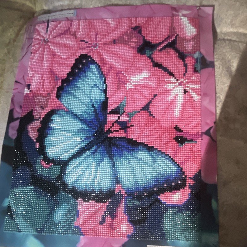Handmade Blue Butterfly on Pink Flowers Diamond Painting Wall Hanging