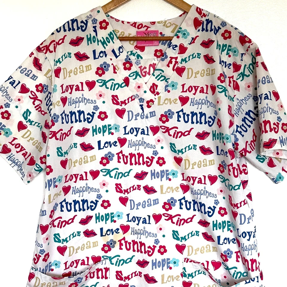Hub A Dub Scrubs Top Women's 1XL White Novelty Print V Neck Short Sleeve Pockets - Image 3 of 4