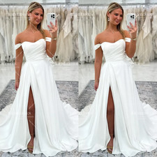Off Shoulder Wedding Dresses with Slit Beach Satin White Ivory Bridal Gowns