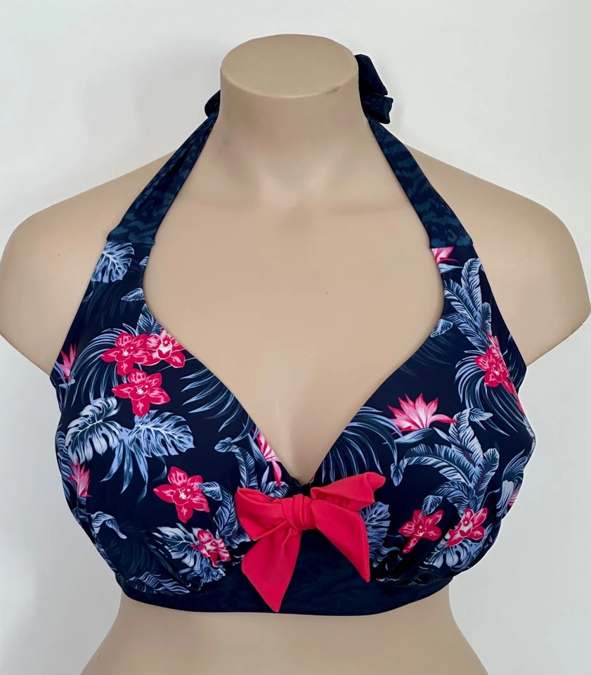 Joe Browns Bikini Top Navy Blue Pink White Floral Size UK 24 Padded Halter Neck - Image 4 of 4