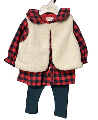 Max Studio 3pc Holiday Outfit Set Flannel Shirt Vest & Leggings Sz 3-6 Months