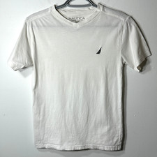 Nautica T-Shirt Boys M 10/12 White V- Neck 100 Cotton Logo Casual Short Sleeve