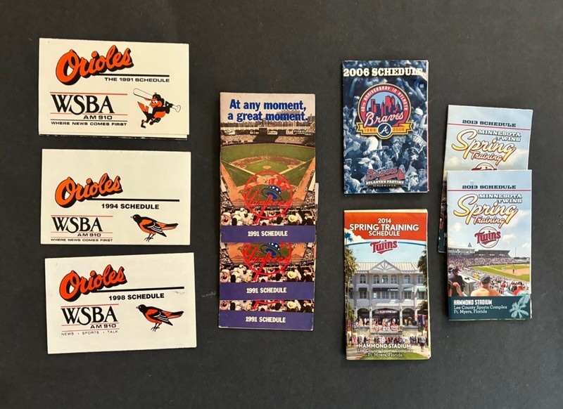 Lot of 10 Vintage MLB Pocket Schedules (Orioles, Yankees, Braves, Twins)