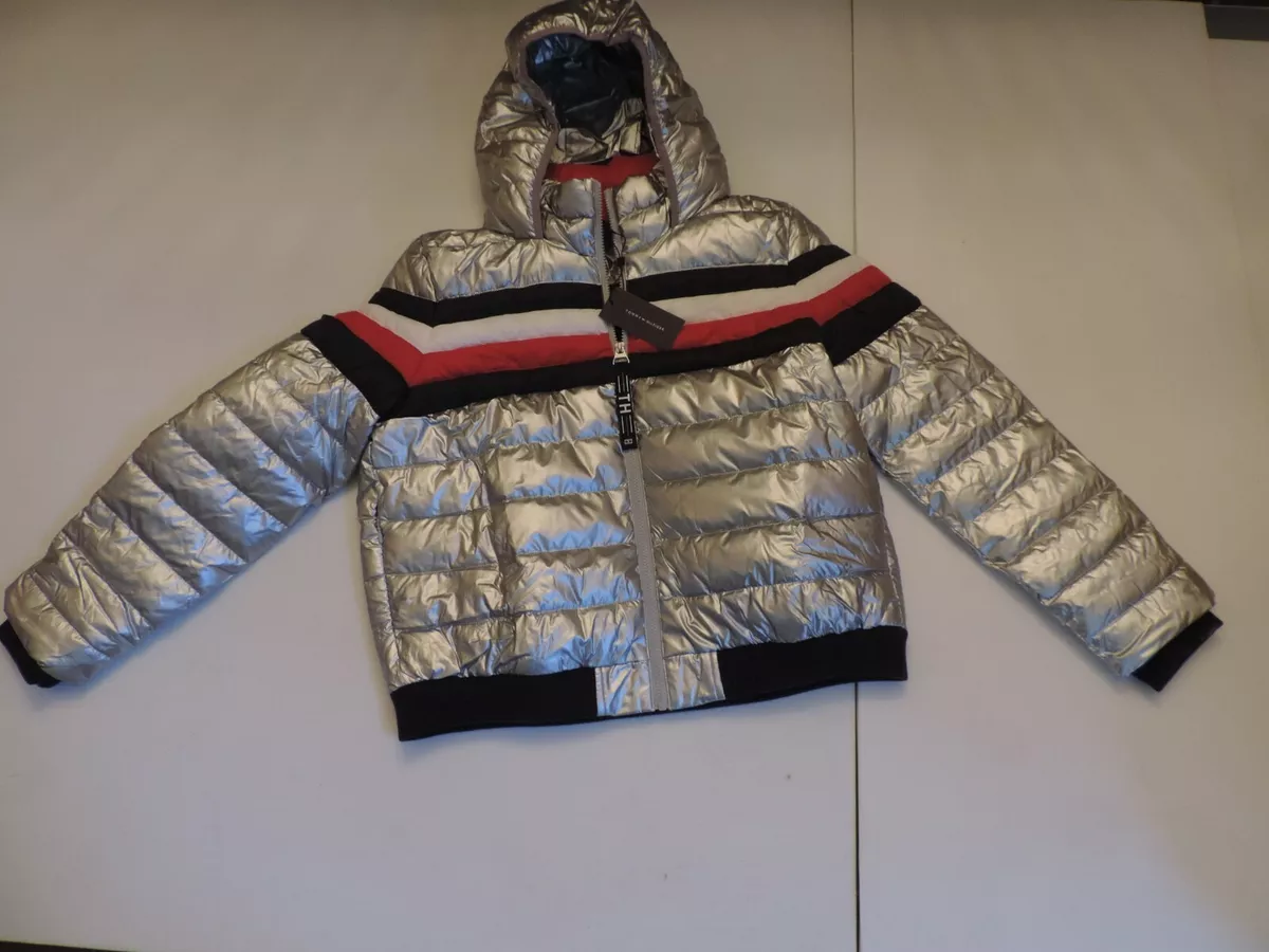 TOMMY HILFIGER SILVER ALUMINIZED PUFFER JACKET STRIPED SIZE XL NEW