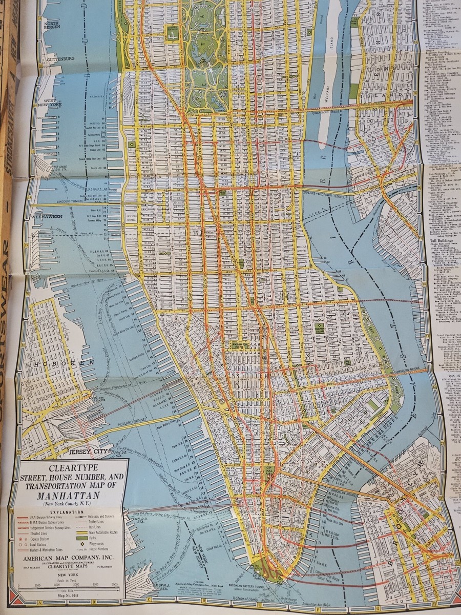 1950s Orig 19x51 Rare SUBWAY MANHATTAN Foldout Map New York City