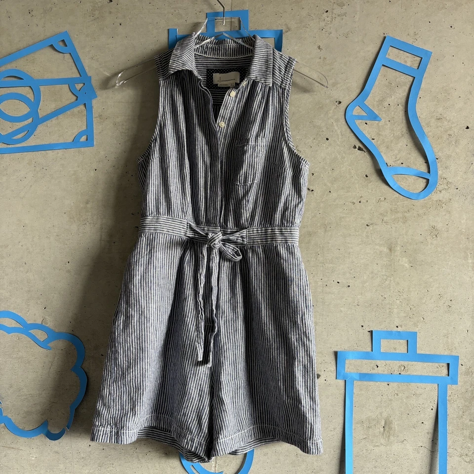 Anthropologie Sleeveless Linen Blend Railroad Stripe Collared Romper Size 4 $130 - Image 2 of 4