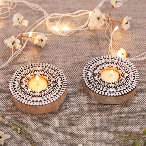 Indian Wood Block Printing Stamp Dinner Light Holder Home Decor Hand-Carved Diya - Foto 1 di 6