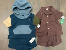 NWT Baby Gap boy 4-piece SUMMER brown linen blue bear shorts sweatshirt SET 0 3