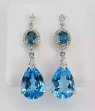 Lab Created London Blue Topaz 4Ct Oval Cut Dangle Earrings 14K White Gold Plated