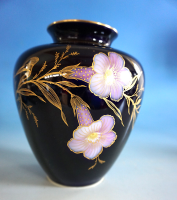 Hutschenreuther Hohenberg Vase Kobalt mit Blumen und Golddekor 17cm (F024-1623)