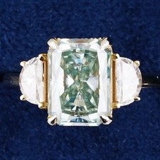 Green Radiant Moissanite Engagement Ring: 14K Gold Half Moon Side Stone