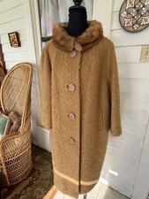 Vintage 50s Carmel Tan Nubby Wool Swing Coat Mink Collar M/L