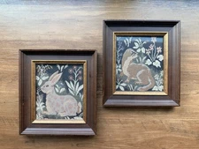 2 Vtg Embroidery Needlepoint Mediaeval Style Tapestries Otter And Rabbit Framed