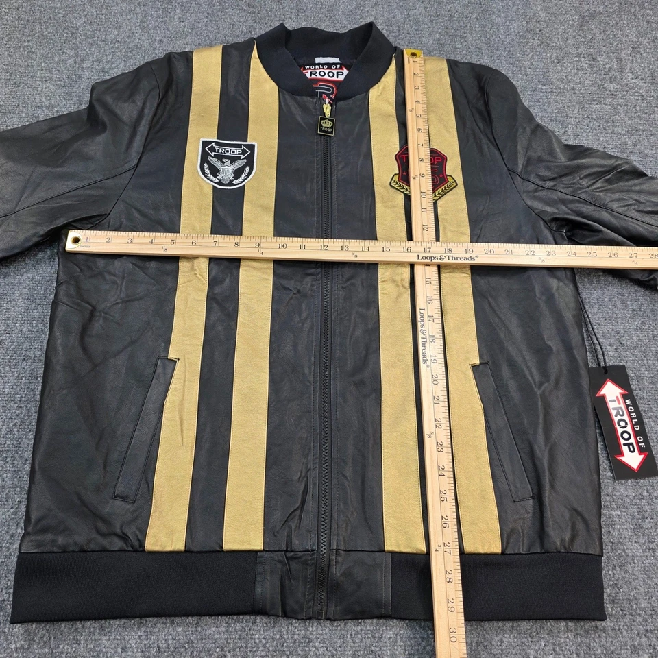 Troop Moto 夹克 XXL 黑色金色条纹装饰轰炸机 80 年代嘻哈风格 — 第 3/4 张图片