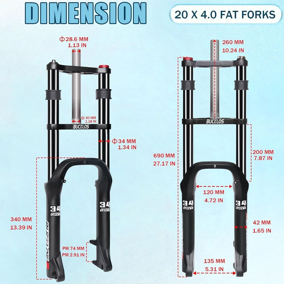 BUCKLOS 20*4.0 pulgadas neumático grueso nieve montaña bicicleta aceite suspensión horquilla 180 mm viaje Foto 2 de 4
