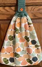 Double hanging kitchen towel Fall autumn pumpkins gourds crocheted sage gree top