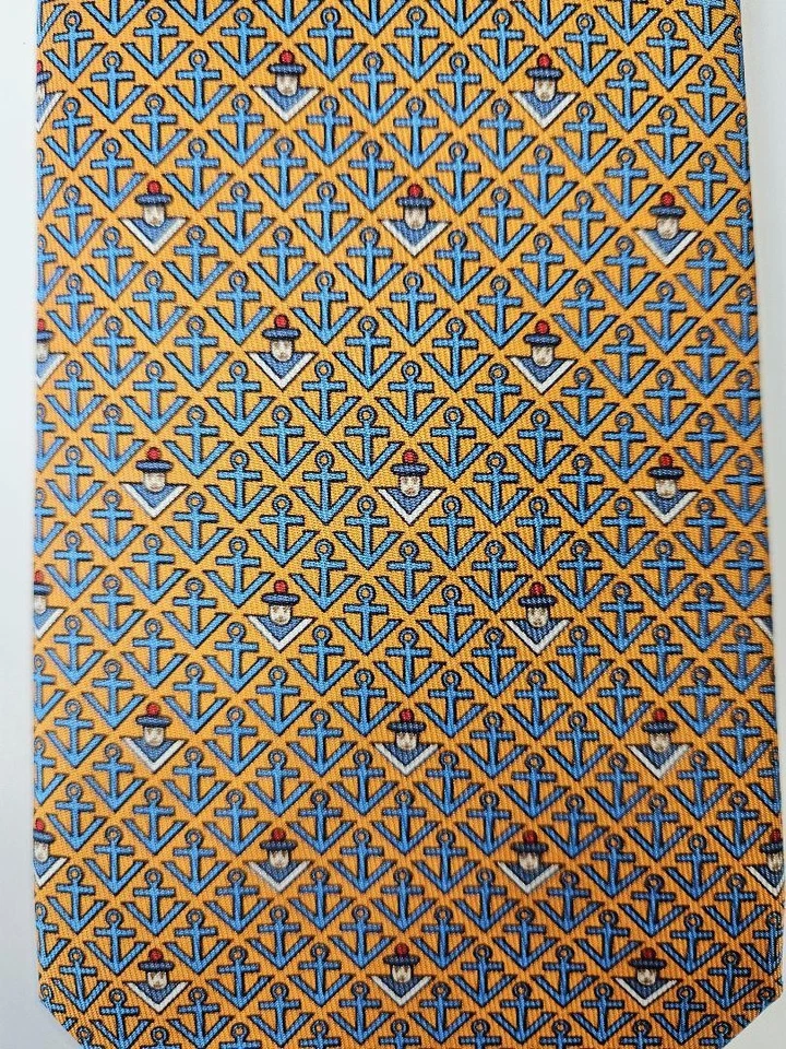 New Unused HERMES Neck Tie Orange Blue Scallion 100%Silk Made in France - Image 4 of 4