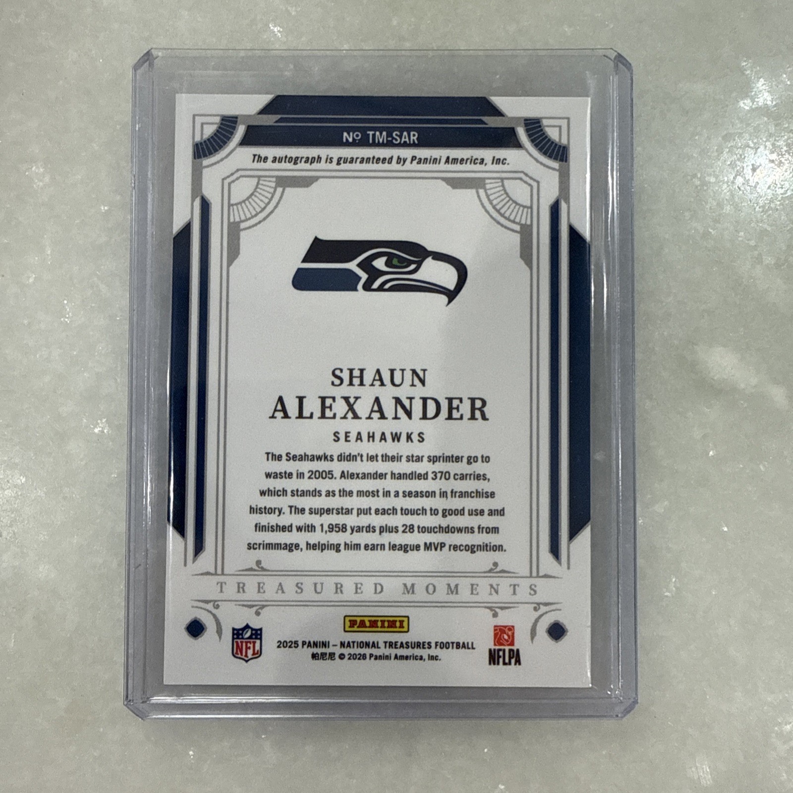 2025 Panini National Treasures Shaun Alexander Treasured Moments Gold Auto /10 view 2