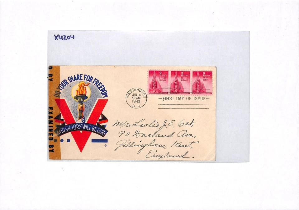 USA WW2 Cover *V FOR VICTORY* PROPAGANDA Censor 1943 FDC UNITED NATIONS XU204 - Image 4 of 4