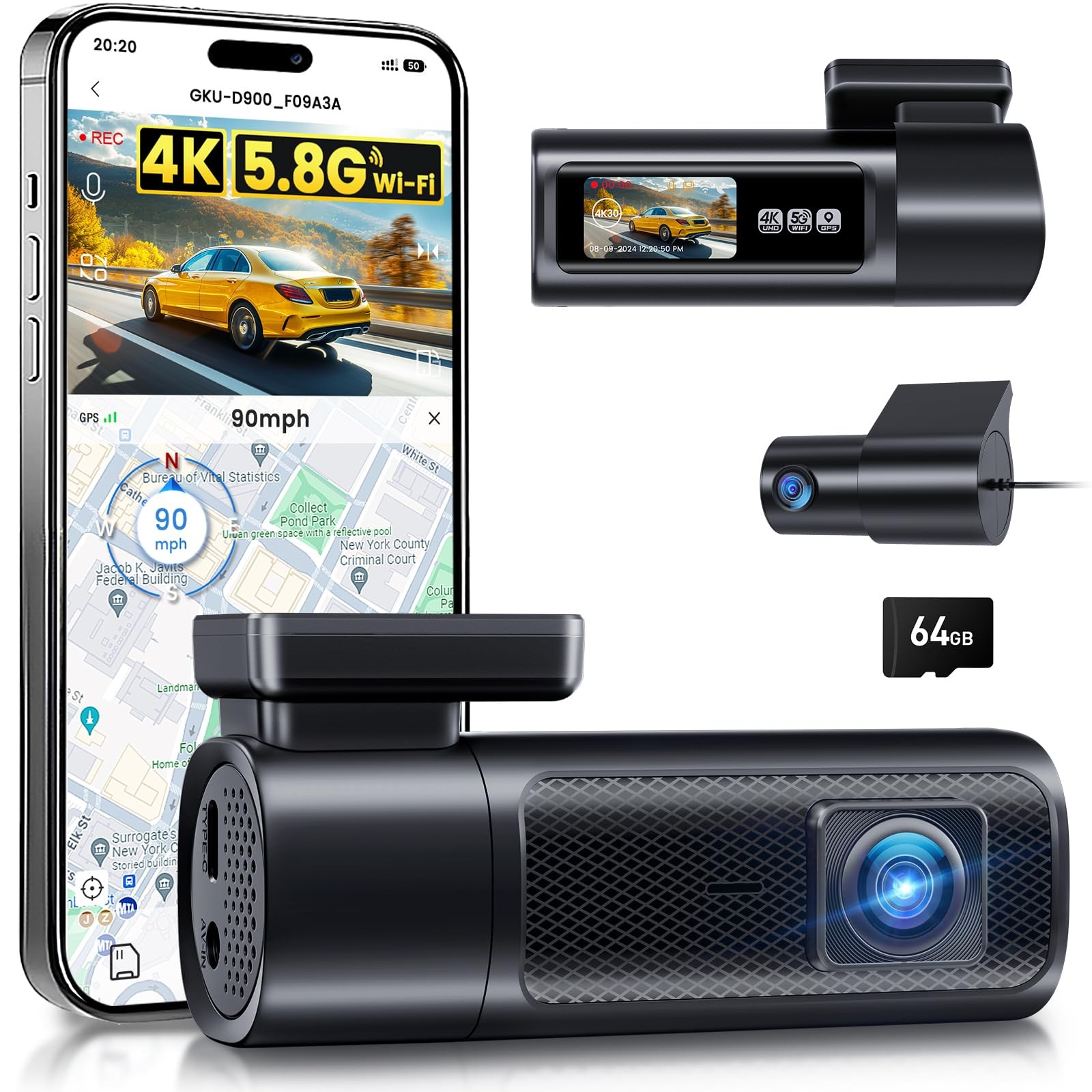 GKU - 4K Dash Cam Auto 5g WIFI Telecamera per Auto con Sd 64G 1.47 Schermo IPS GPS - Miniatura 15