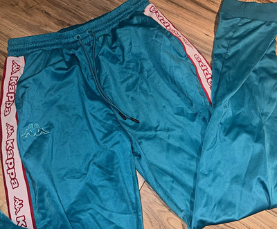 Kappa Men s XL Teal Track Pants White/Red Logo Stripe Drawstring Elastic Waist