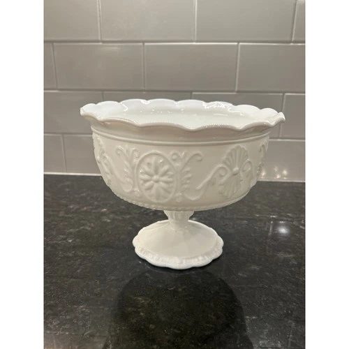 Vintage Milk Glass Pedestal Compote Candy Bowl Scalloped Rim Embossed Floral