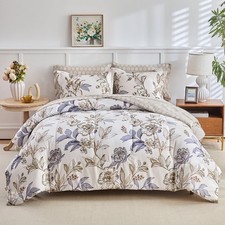Queen Comforter Set- 7 Pieces Floral Bed in a Bag, Blue Flowers Golden Leaves De