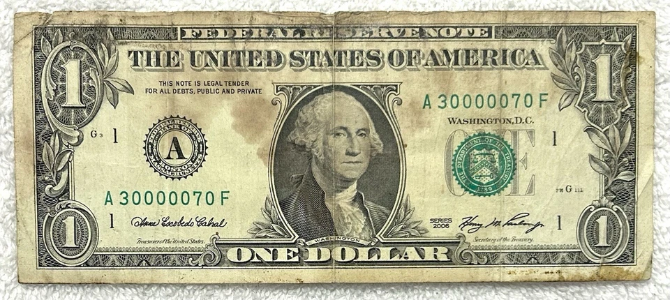 30000070 - Fancy Low Serial - 2006 $1 Bill Federal Reserve Note - Image 2 of 3