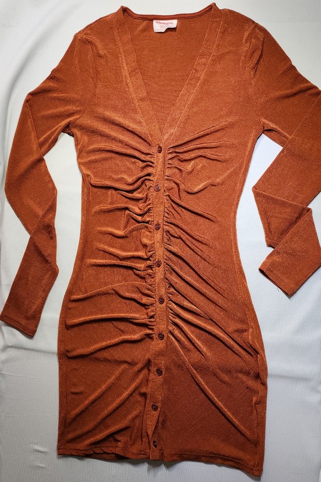 Showpo Knit Mini Dress Ruched Button Front Long Sleeve Rust AU 8 Whimsigoth