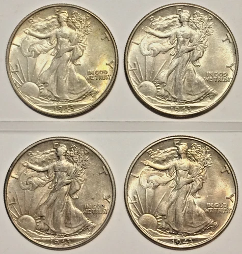 Beautiful Lot, 4 AU 1943-P Walking Liberty Silver Half Dollars, Feather details