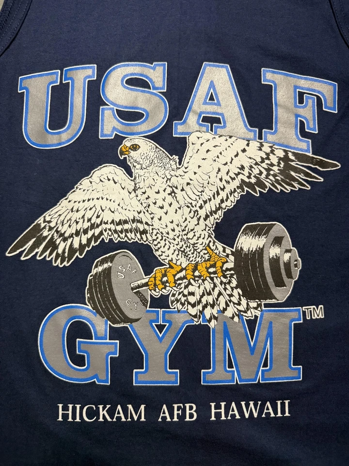 Camisa de Gimnasio De Colección USAF Para Hombres Mediana Azul Marino Camiseta sin Mangas Hickam AFB Hawaii Gráfico Foto 2 de 4