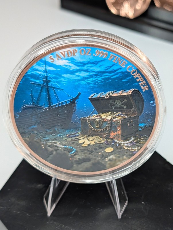 5 oz .999 Fine Copper Round Colorized Skull Pirate Treasure Chest w/ Capsule 5OZ