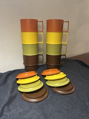 Vintage Tupperware #1312 Mugs Set of 8 W/8 #1313 Lids Coasters Harvest Colors