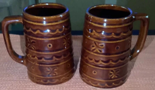 Marcrest Daisy & Dot Pattern Brown Stoneware Stein/Coffee Mugs Vintage USA Nice!